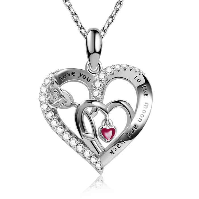 Rose and Crystal Gemstones Sterling Silver Triple Heart Necklace