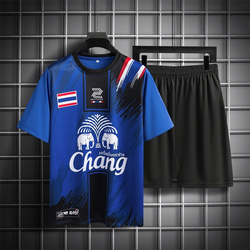 ?สินค้าพร้อมส่ง?เสื้อ+กางเกง ชุดเซ็ทกีฬา ทผู้ชาย ชุดเชตผู้ชาย ชุดกีฬา ชุดเซ็ทกางเกง พร้อมกางเกงสีดำพิมพ์ลาย + ธงLogoช้าง
